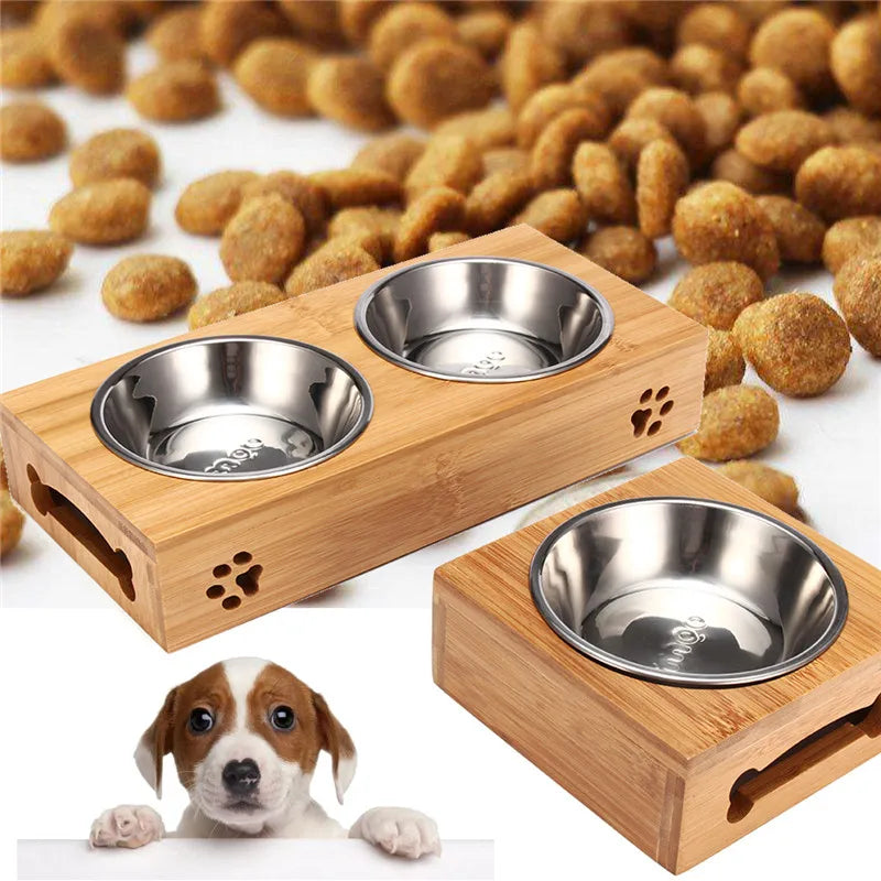 Ceramic Elevated Double Pet Bowls - Bamboo Wooden Stand for Cats & Small Dogs
