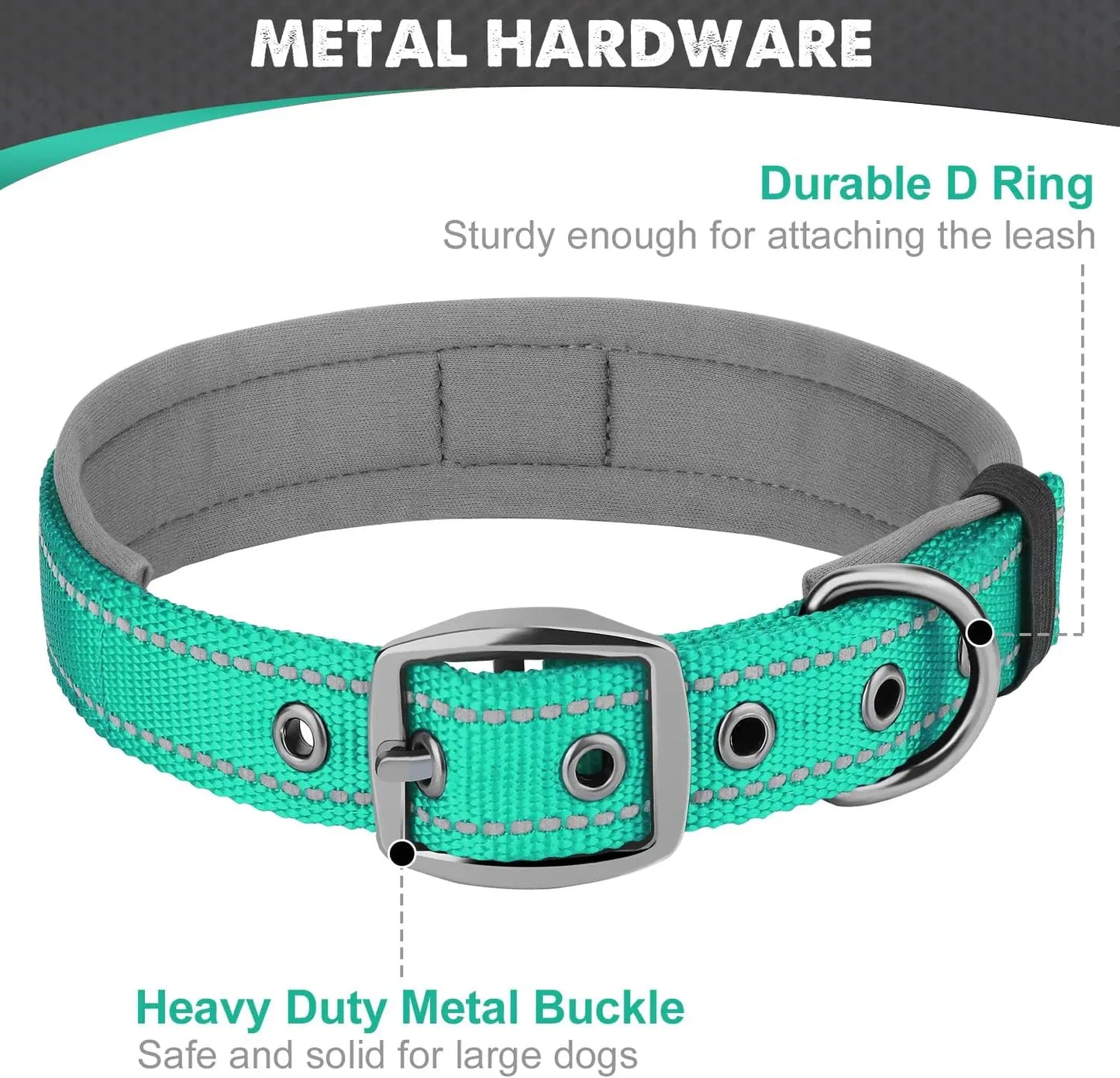 Reflective Padded Dog Collar - Heavy Duty Nylon & Neoprene
