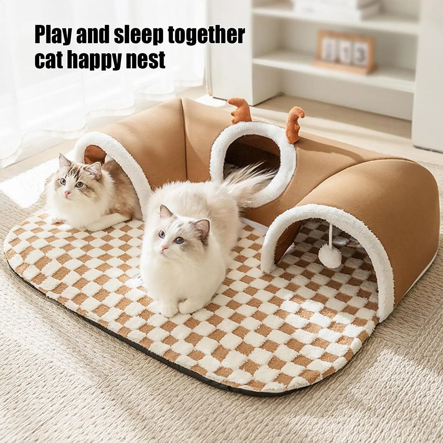 2-in-1 Cat Bed & Play Tunnel - Foldable Winter Hideaway Tent with Plush Mat