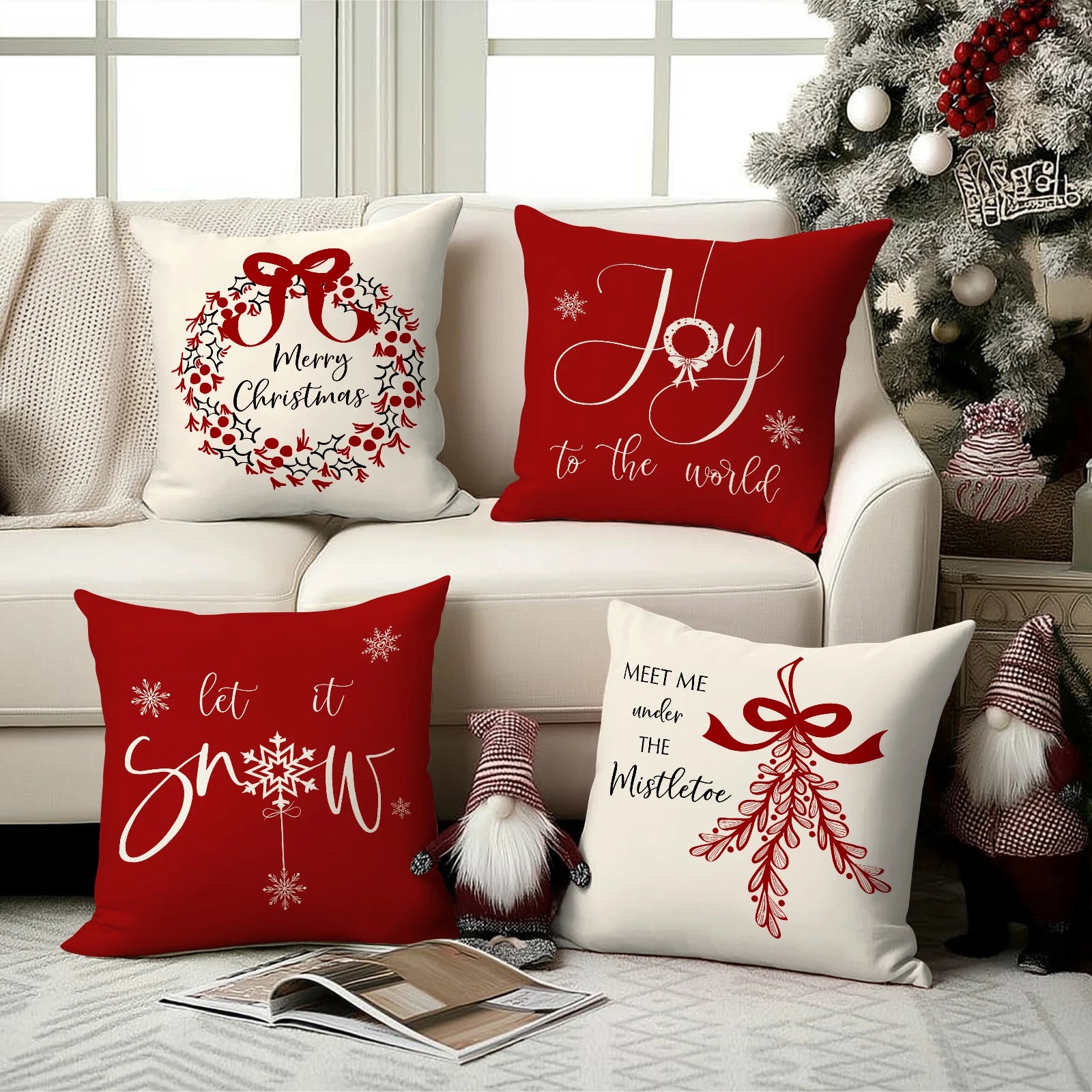 1/4pcs red Christmas pillowcase, bow Christmas wreath, Christmas plant design cushion cover, farmhouse Christmas decoration