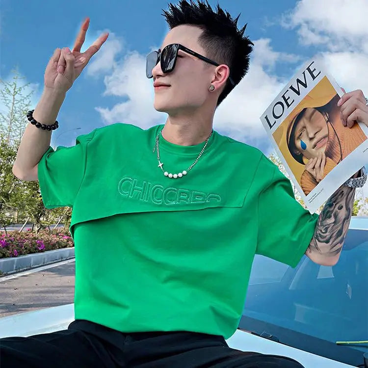 Men’s Green Slim Fit T-Shirt – Plain Alphabet Rock Streetwear Tee, Casual Cotton Top