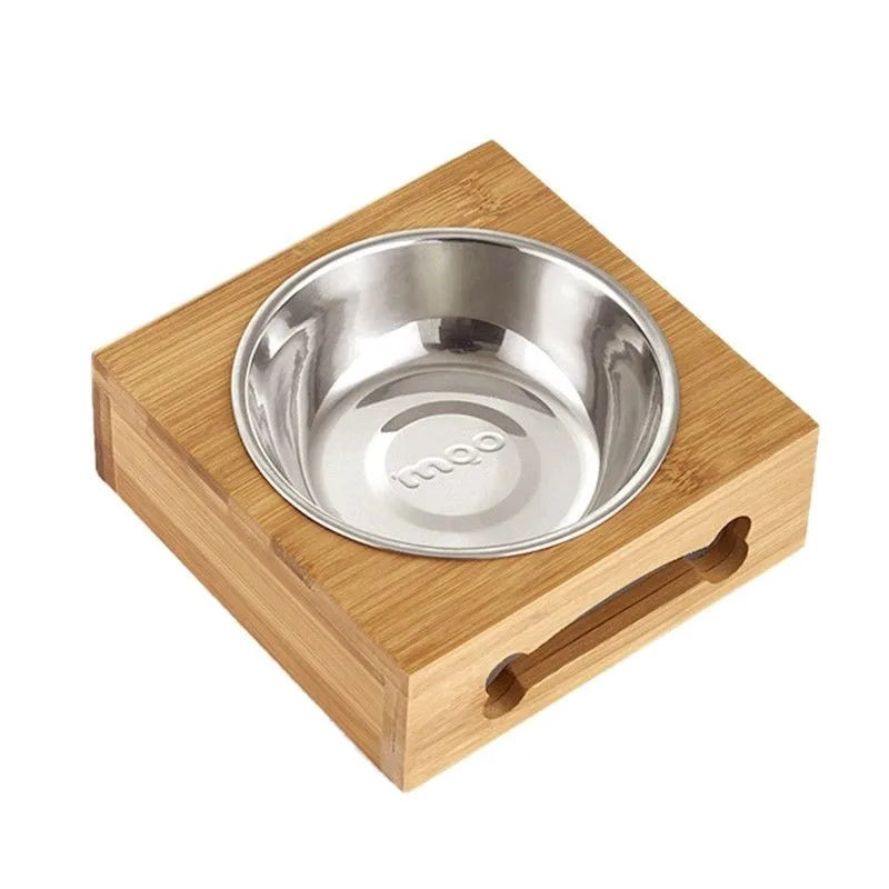 Ceramic Elevated Double Pet Bowls - Bamboo Wooden Stand for Cats & Small Dogs