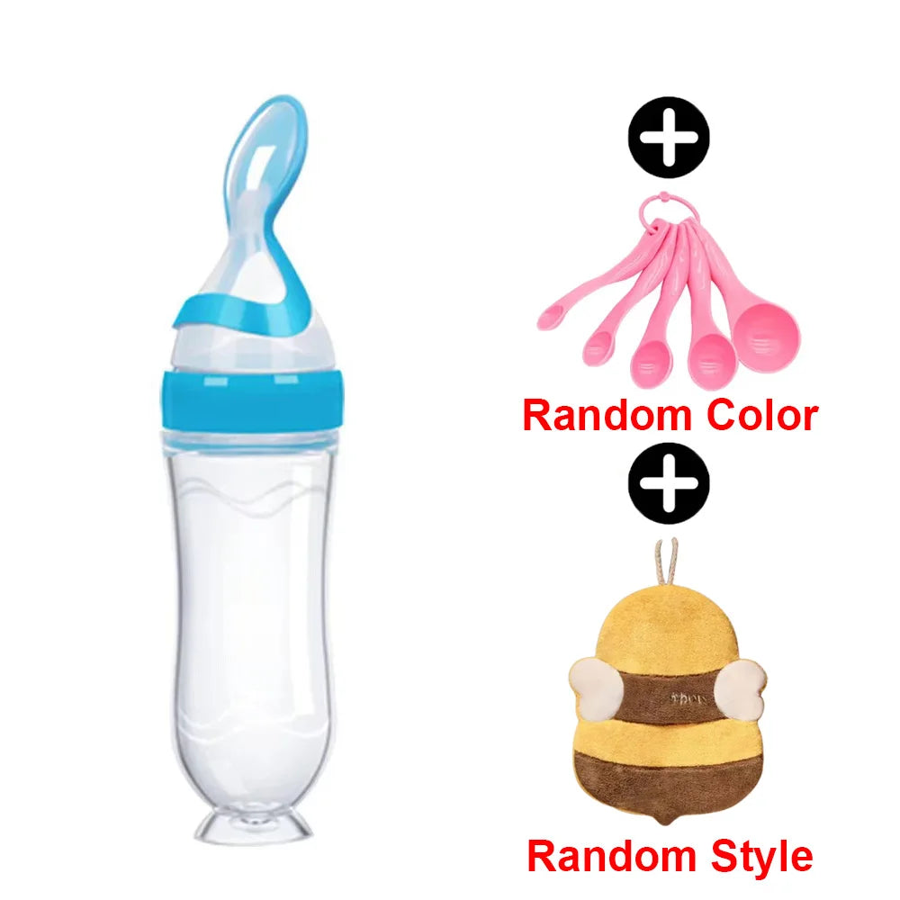 Infant Baby Squeezing Feeding Spoon Baby Silicone Baby Feeding Vegetable Fruit Bottle Baby Dish Scale spoon & hand towel set - PULSE MART