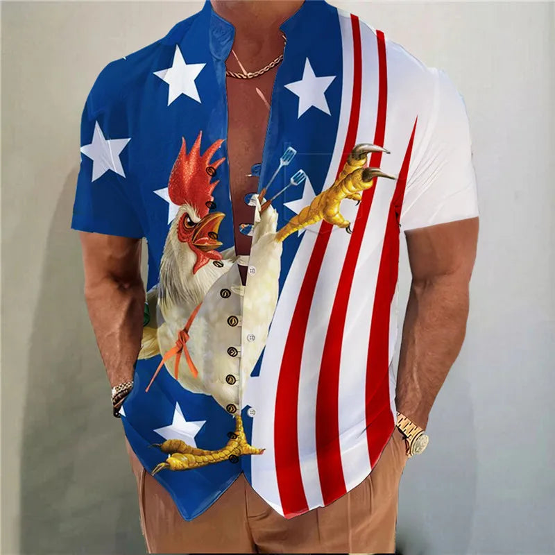 Men’s Printed Button Shirt – Stand Collar, Loose Fit Casual Streetwear Top