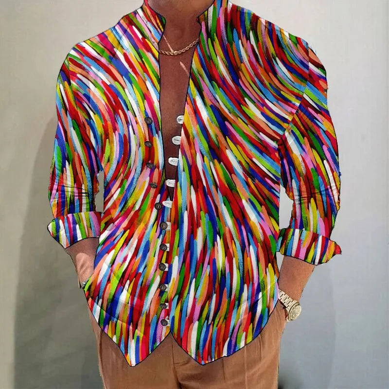 Men’s Printed Button Shirt – Stand Collar, Loose Fit Casual Streetwear Top