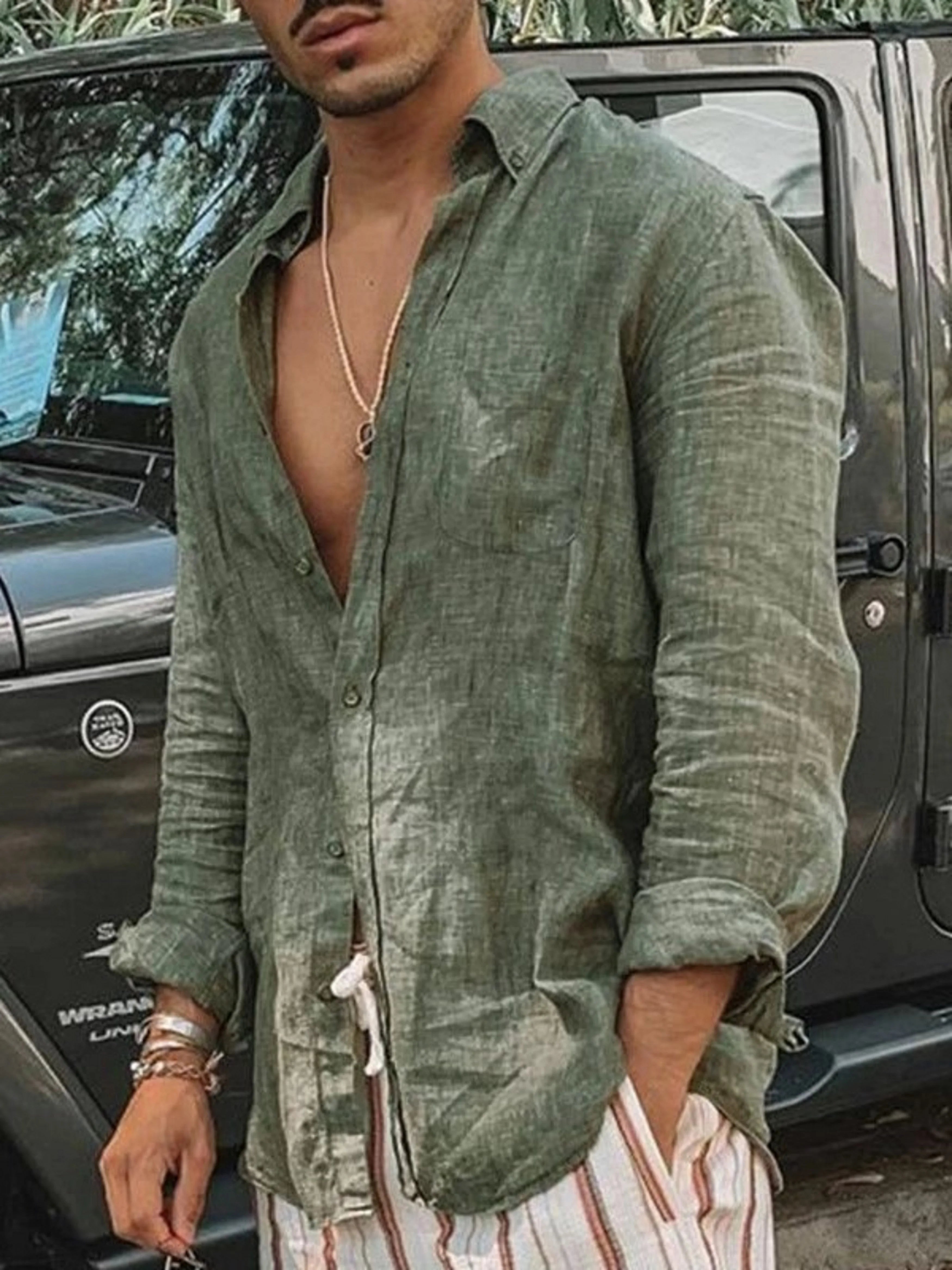 Men’s Casual Solid Color Long-Sleeve Shirt – Lightweight Lapel Cardigan