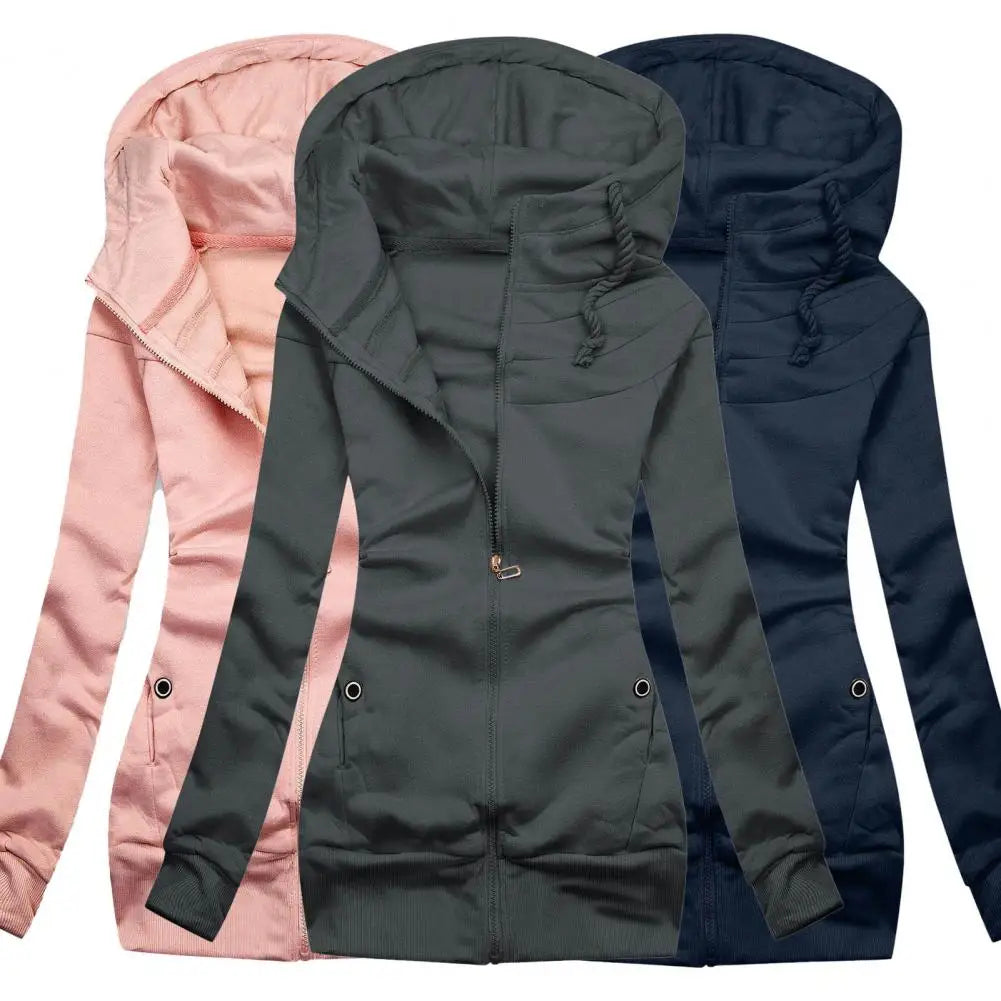 Lady Hoodie Jacket Solid Color Drawstring Tight Waist Autumn Warm Zipper Cardigan