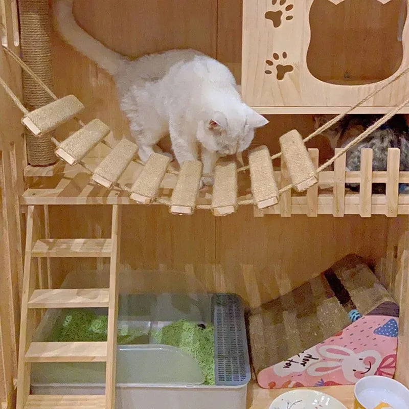 Wooden Cat Cage Climbing Frame - Sisal Rope Ladder & Tree Tower Bridge