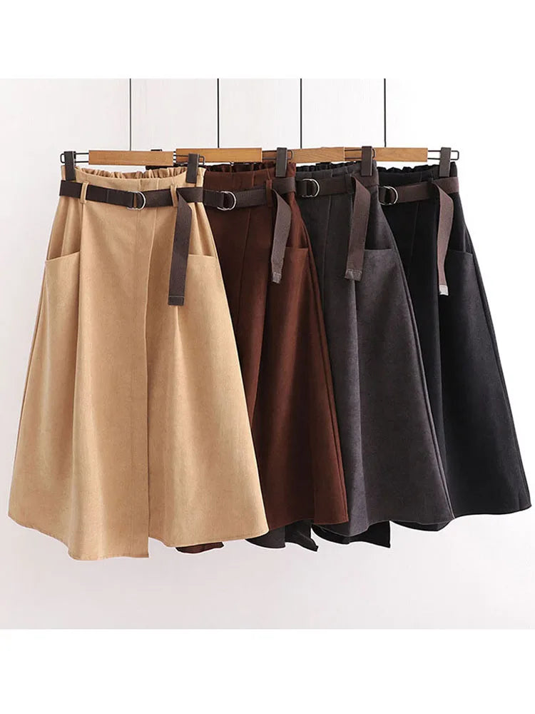 Women’s Casual Midi Skirt – High Waist Irregular Design with Pockets, Spring & Autumn