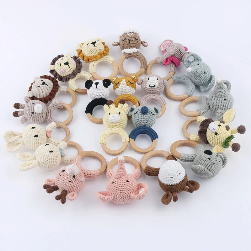 Amigurumi Cartoon Animal Baby Rattle Cute Wooden Ring Handhold Newborn Rattle Toys Handmade Pacifier Clips Kids Educational Toys - PULSE MART