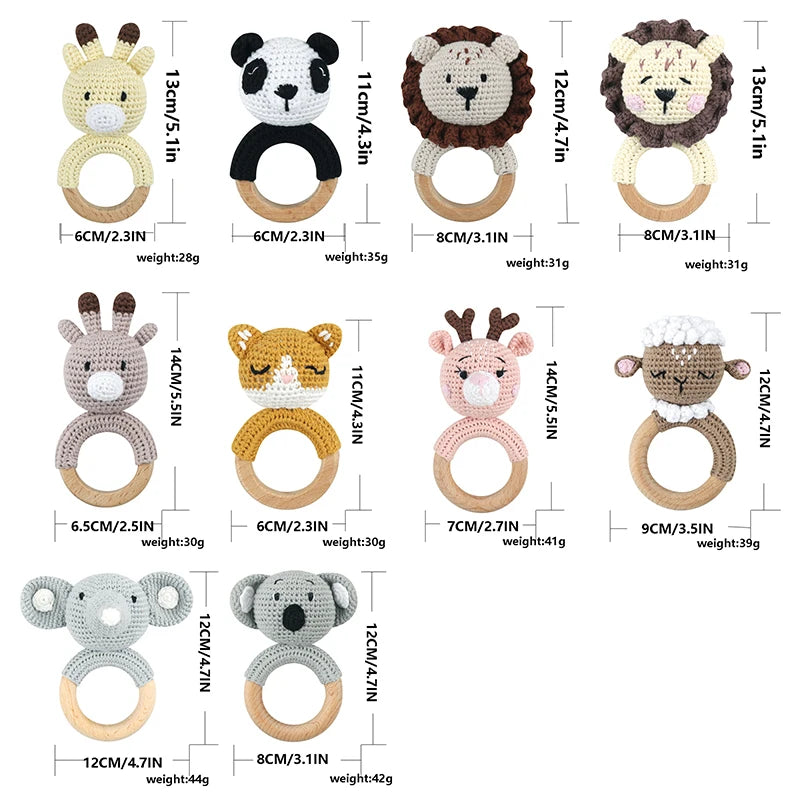 Amigurumi Cartoon Animal Baby Rattle Cute Wooden Ring Handhold Newborn Rattle Toys Handmade Pacifier Clips Kids Educational Toys - PULSE MART