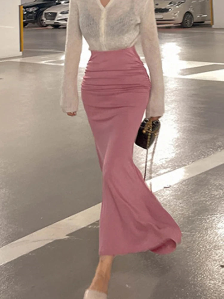 Shirring Satin Skirts for Women High Waisted Skirt 2025 Women A-Line Elegant Skirts