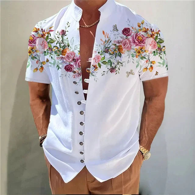 Men’s Printed Button Shirt – Stand Collar, Loose Fit Casual Streetwear Top