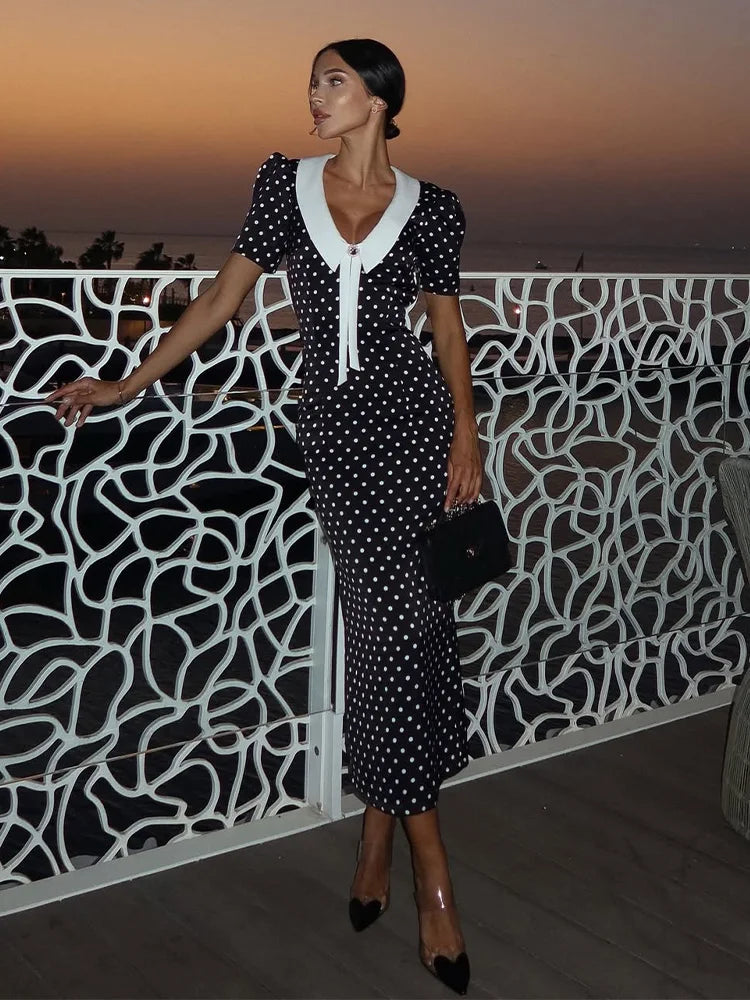 Women’s Dot Print Sheath Dress – V-Neck, Short Sleeve, Turn-Down Collar Streetwear