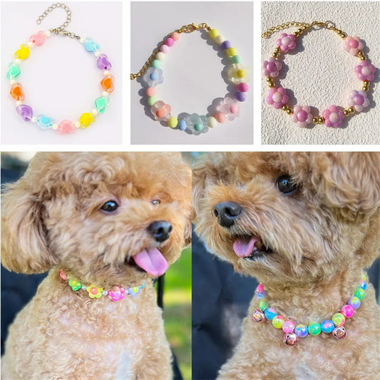 Cute Candy-Colored Pet Collar: Pearl Necklace with Flower Beads & Alloy Chain