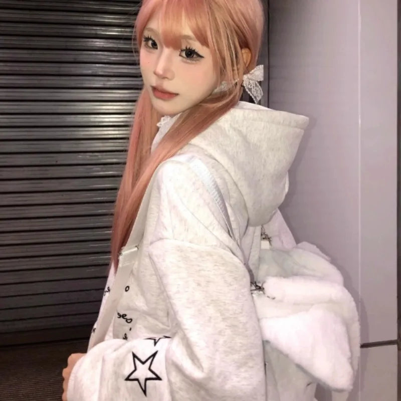 With Hat Hoodies Women Loose Fit Cute Embroidery Design Lazy Style Chic Outwear