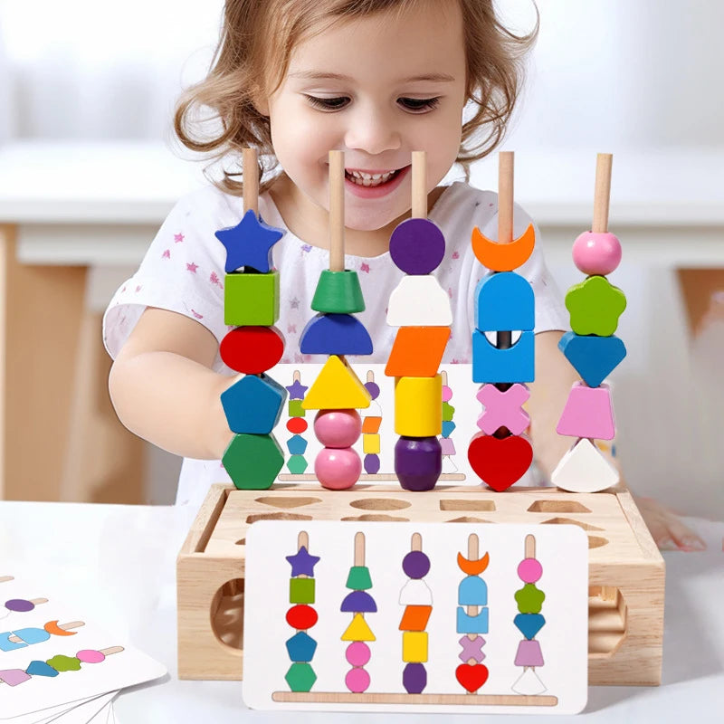 Montessori Wooden Toy Children Color Shape Matching Stacker Puzzle Toys Colorful Beaded Color Cognition Toy Baby Educational Toy