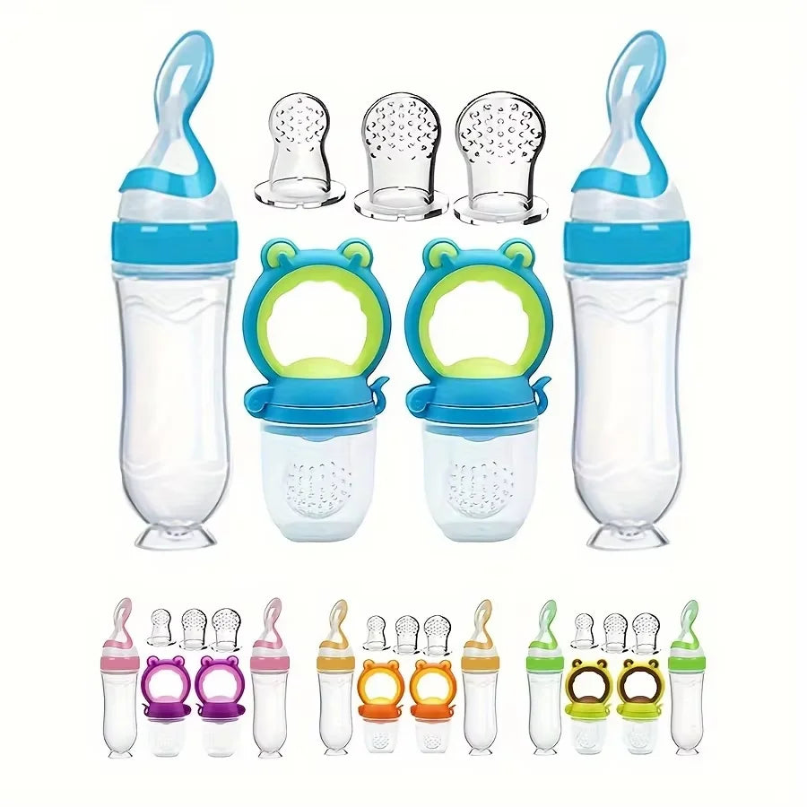 7pcs Baby Feeding Set: 2pcs Soft Silicone Feeding Bottle with Spoon,2pcs Fruit Feeder Pacifier with 3-Size Nipples - PULSE MART