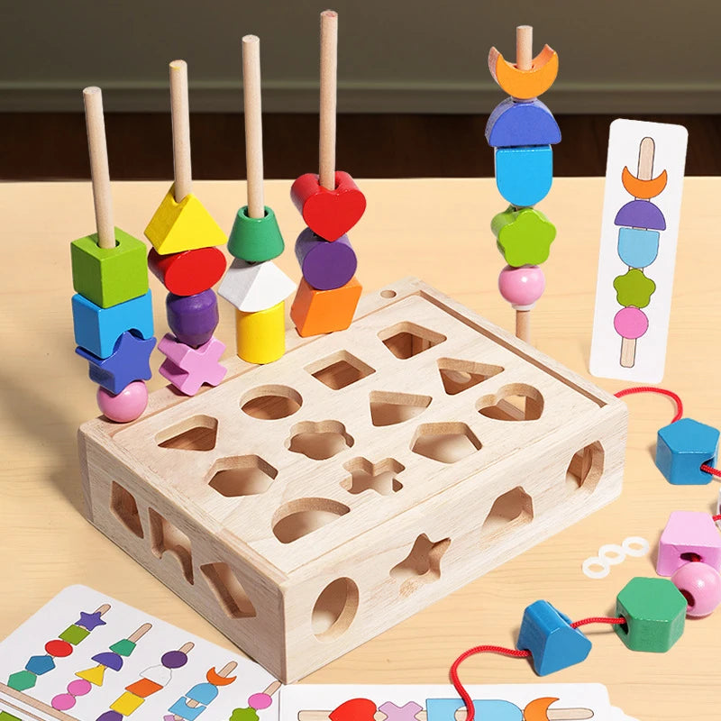Montessori Wooden Toy Children Color Shape Matching Stacker Puzzle Toys Colorful Beaded Color Cognition Toy Baby Educational Toy