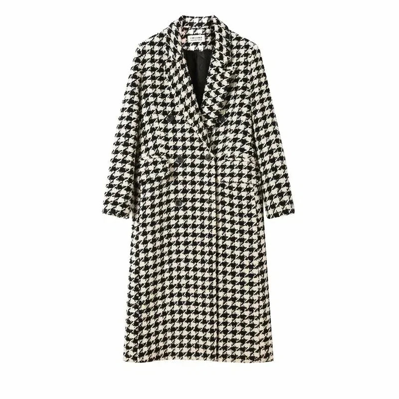2025 Women’s Double-Breasted Woolen Coat – Korean Houndstooth Style - PULSE MART