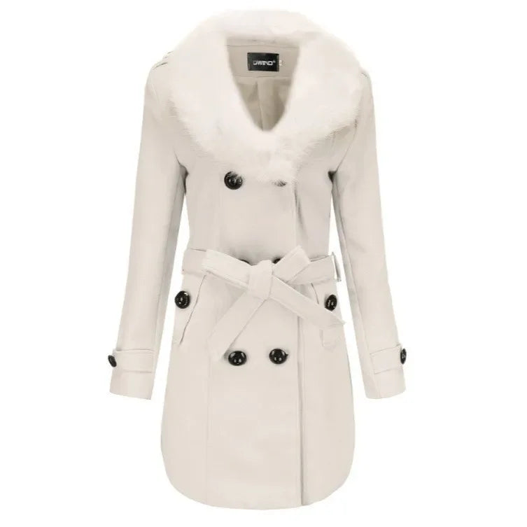 Women’s Long Woolen Coat with Large Fur Collar - PULSE MART