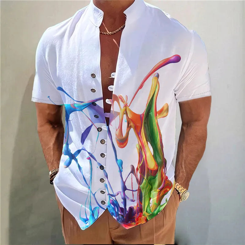 Men’s Printed Button Shirt – Stand Collar, Loose Fit Casual Streetwear Top