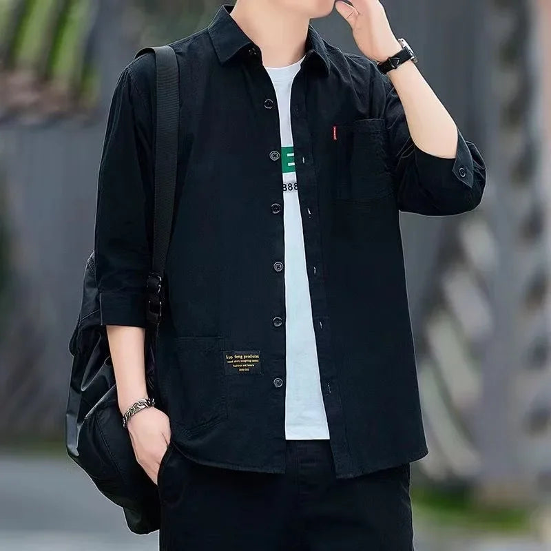 Men shirts Summer clothing Short-Sleeved shirts & blouses Daily Solid Color Stand-Up Collar