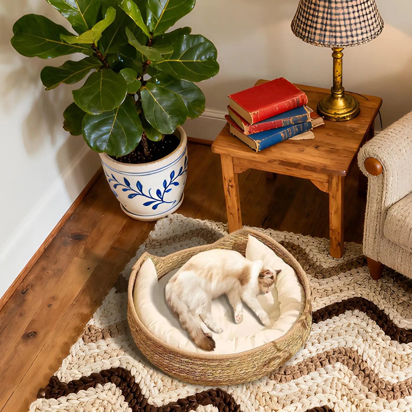 Woven Cotton Rope Cat Basket Bed - Round Sleeping Nest with Luxury Pillow