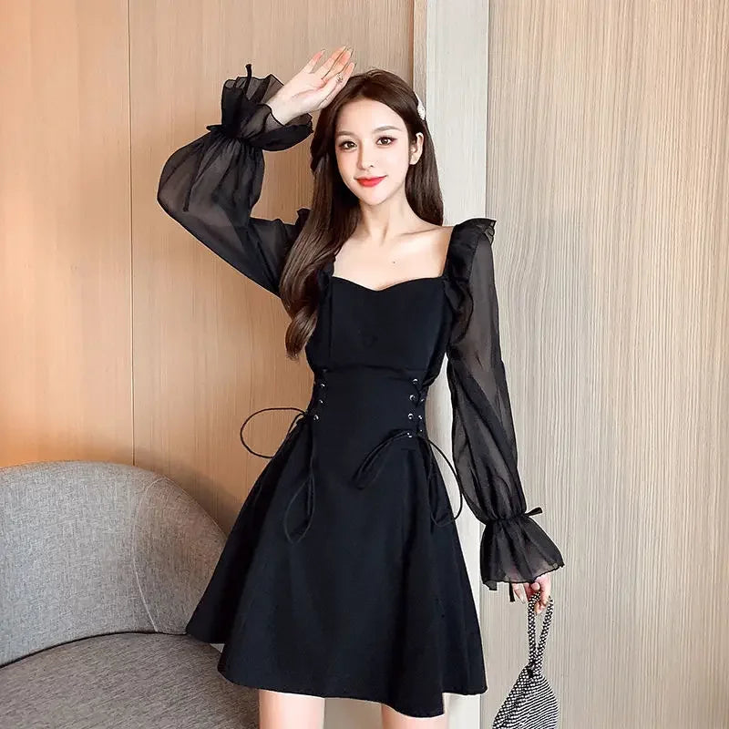 Women’s Coquette Satin Dress – Sexy Black Chiffon Holiday Outfit, Korean Style