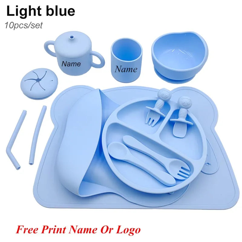 Silicone Baby Feeding Set 10Pcs Children Tableware Set Personalized Name Plates Bowls Placemats Spoon Fork For Kids Newborn Gift - PULSE MART