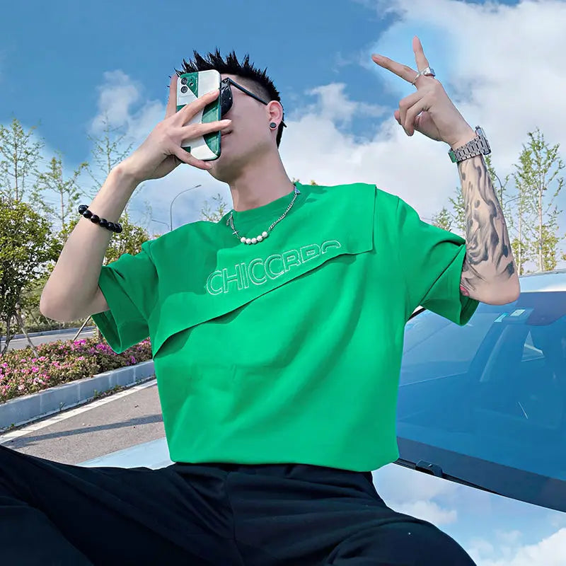 Men’s Green Slim Fit T-Shirt – Plain Alphabet Rock Streetwear Tee, Casual Cotton Top