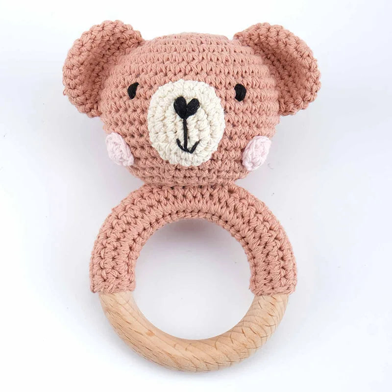 Amigurumi Cartoon Animal Baby Rattle Cute Wooden Ring Handhold Newborn Rattle Toys Handmade Pacifier Clips Kids Educational Toys - PULSE MART