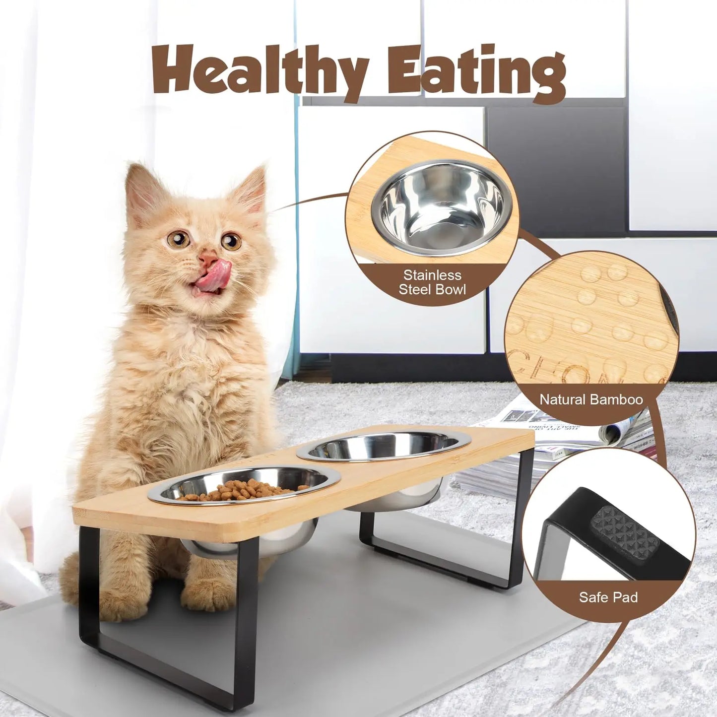 Elevated Cat Bowls with Food Mat – 15° Tilted Raised Feeder with 2 Stainless Steel Bowls