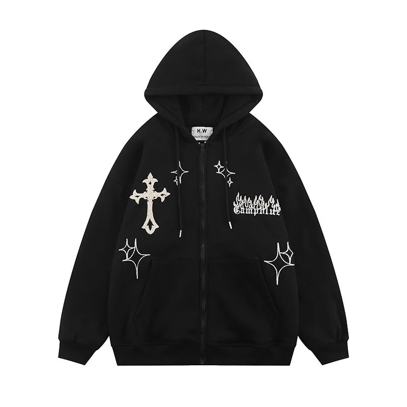 Hooded Sweatshirt Men's Women's Cross Embroidery Couple Trend Street Loose Hoodies