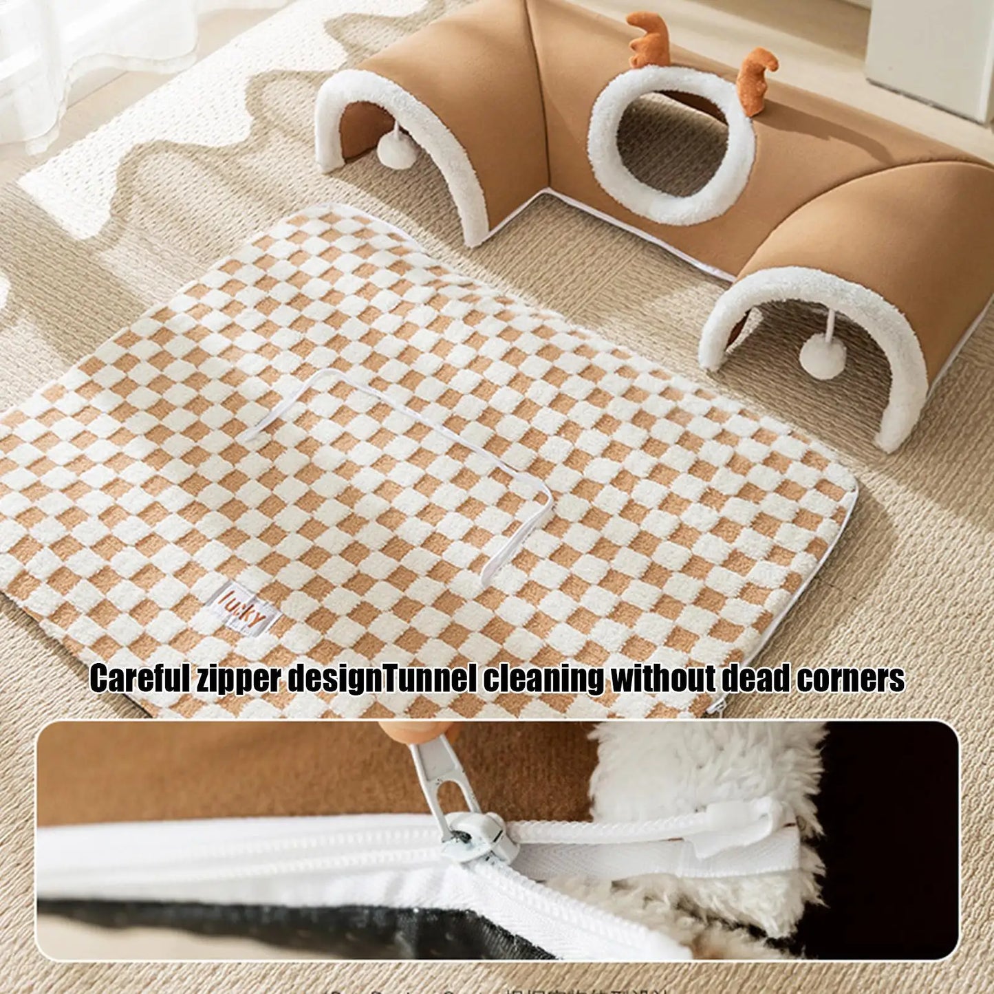 2-in-1 Cat Bed & Play Tunnel - Foldable Winter Hideaway Tent with Plush Mat