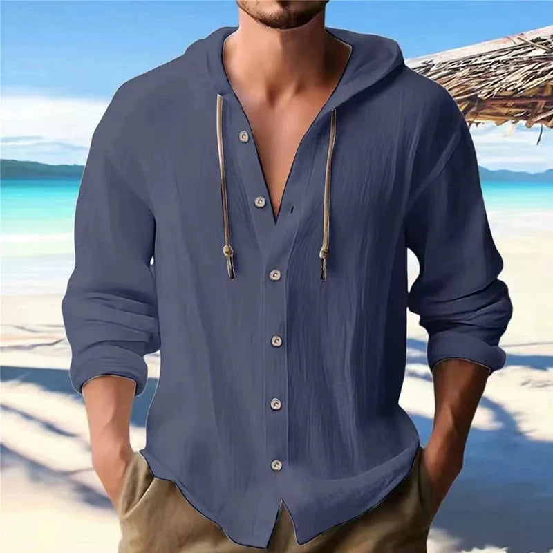 Men’s Linen Hooded Shirt – Casual Long Sleeve Button Cardigan Top - PULSE MART