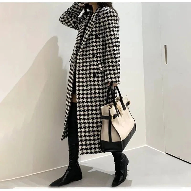 2025 Women’s Double-Breasted Woolen Coat – Korean Houndstooth Style - PULSE MART