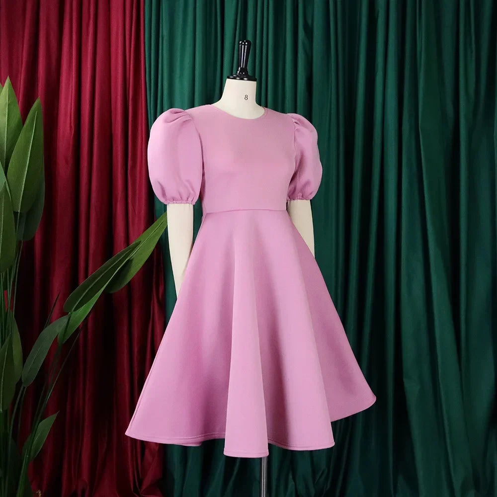 Women’s Elegant Pleated Midi Dress – O-Neck, Short Sleeve, High Waist Party Outfit 2024