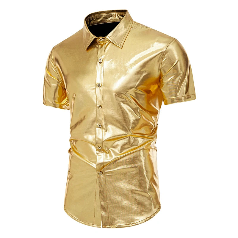 Men’s Metallic Shiny Short Sleeve Shirt – Party Casual Dress Shirt SS29