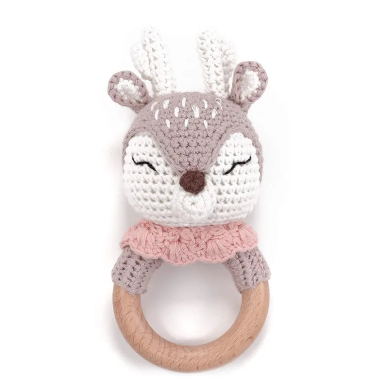 Amigurumi Cartoon Animal Baby Rattle Cute Wooden Ring Handhold Newborn Rattle Toys Handmade Pacifier Clips Kids Educational Toys - PULSE MART