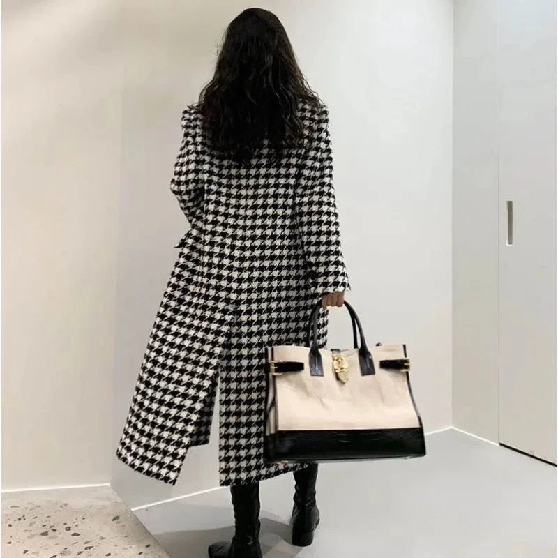 2025 Women’s Double-Breasted Woolen Coat – Korean Houndstooth Style - PULSE MART