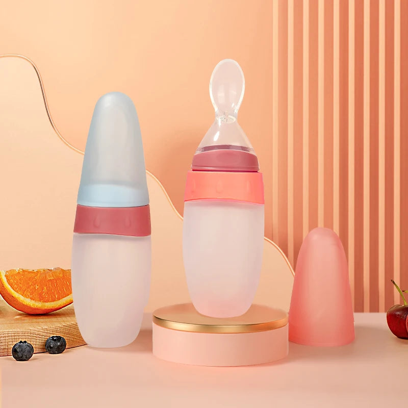 100ml Liquid Silicone Baby Feeder Rice Paste Fruit Puree Toddler Squeeze Feeding Bottle with Dispensing Spoon - PULSE MART
