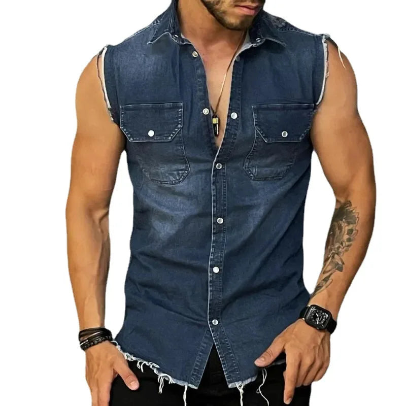 Men’s Denim Tank Top – Trendy Sleeveless Shirt, Lapel Cardigan Style, Summer Streetwear Singlet
