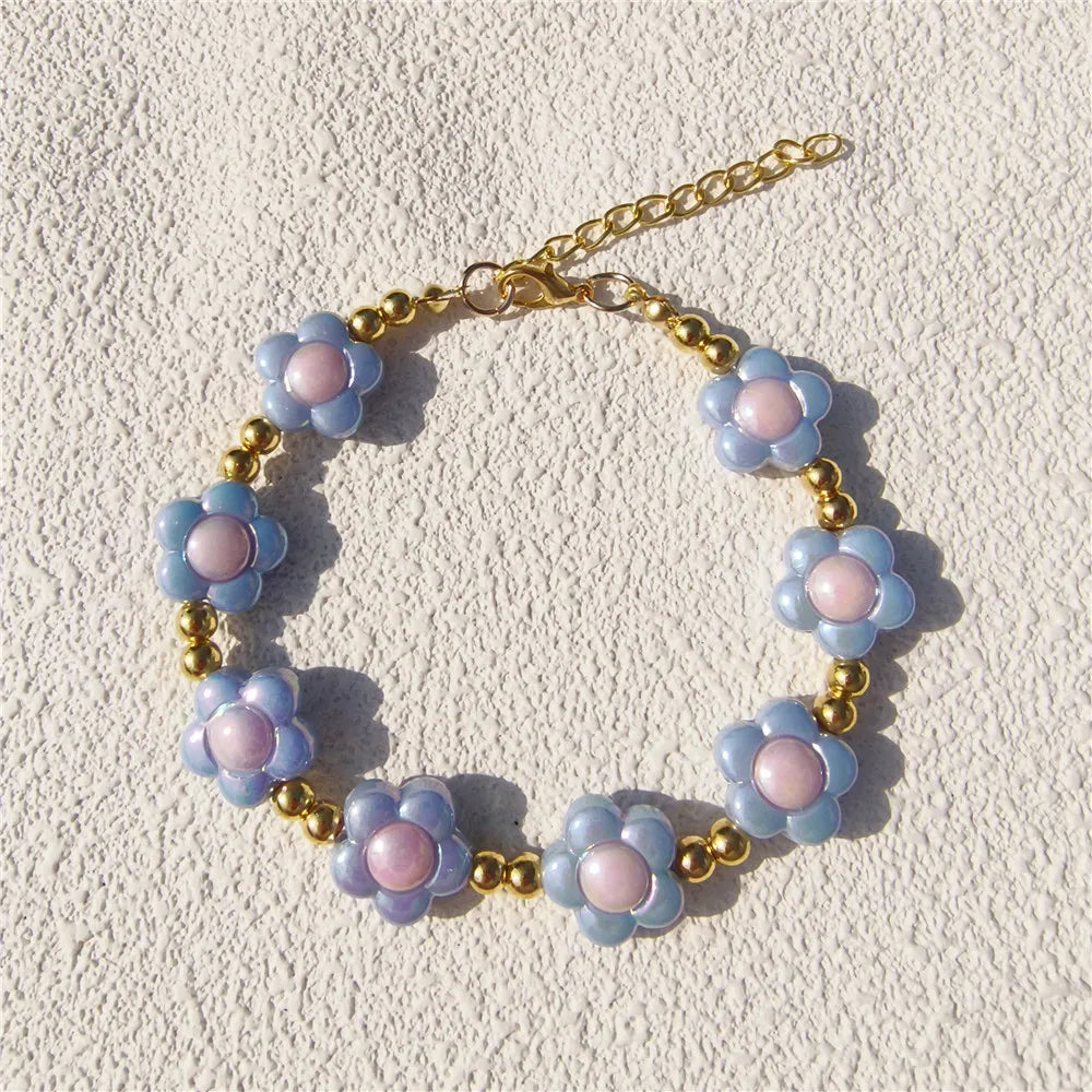 Cute Candy-Colored Pet Collar: Pearl Necklace with Flower Beads & Alloy Chain