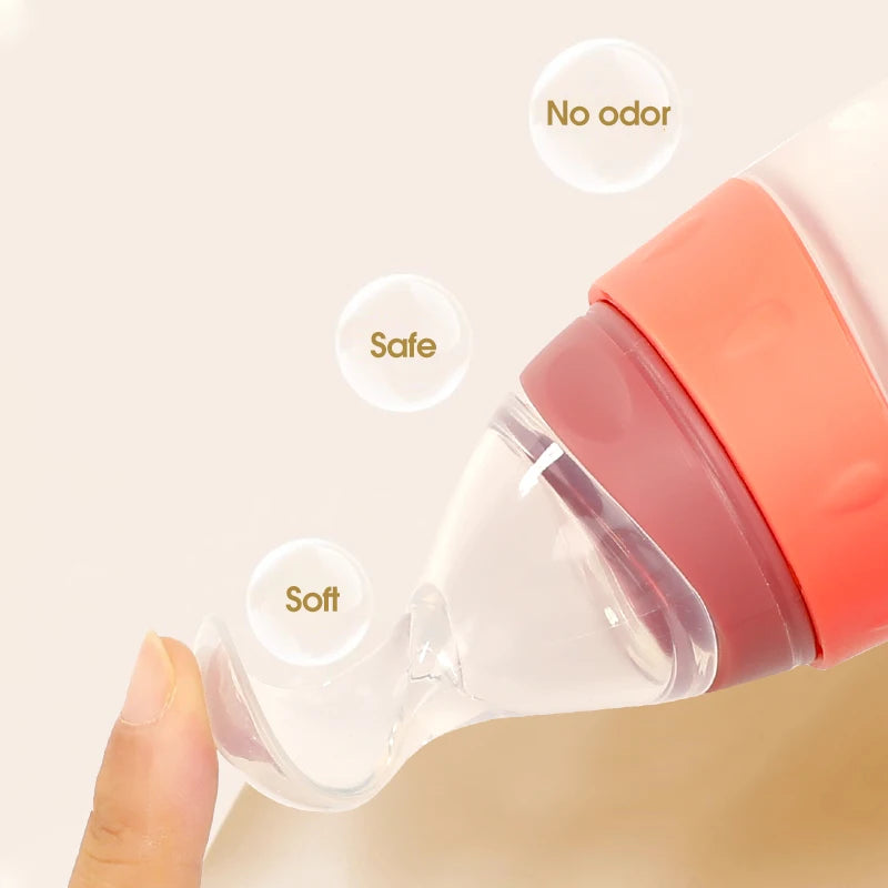 100ml Liquid Silicone Baby Feeder Rice Paste Fruit Puree Toddler Squeeze Feeding Bottle with Dispensing Spoon - PULSE MART