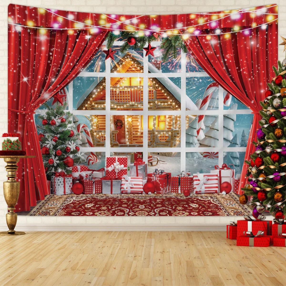 1pc Christmas tapestry, Christmas window tapestry, Christmas tree snow scene photography screen, Christmas decoration tapestry