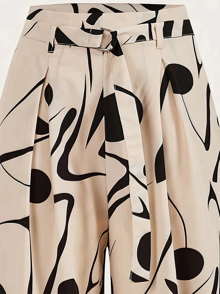 Ladies Abstract Print Belt Casual Wide Leg Pants Fashionable Loose Fit Trousers