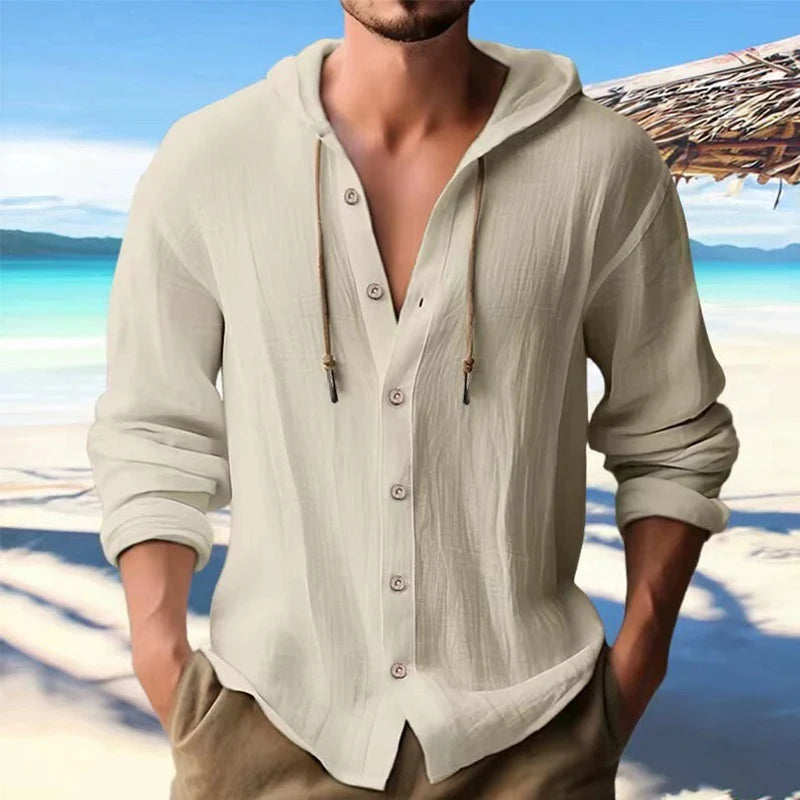 Men’s Linen Hooded Shirt – Casual Long Sleeve Button Cardigan Top - PULSE MART
