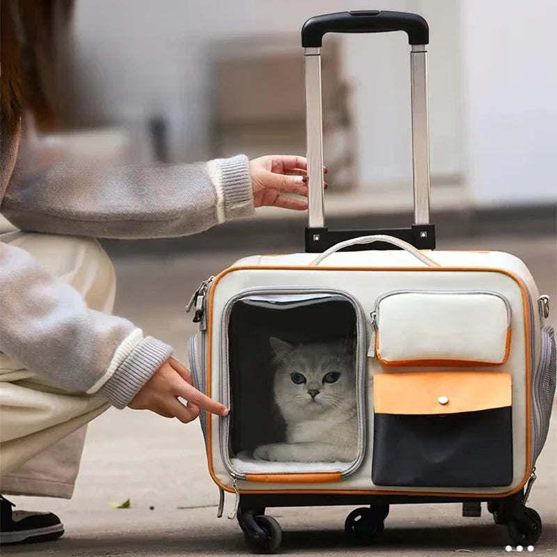 Rolling Pet Carrier Backpack – Detachable Cat & Dog Trolley Travel Bag for Small Pets