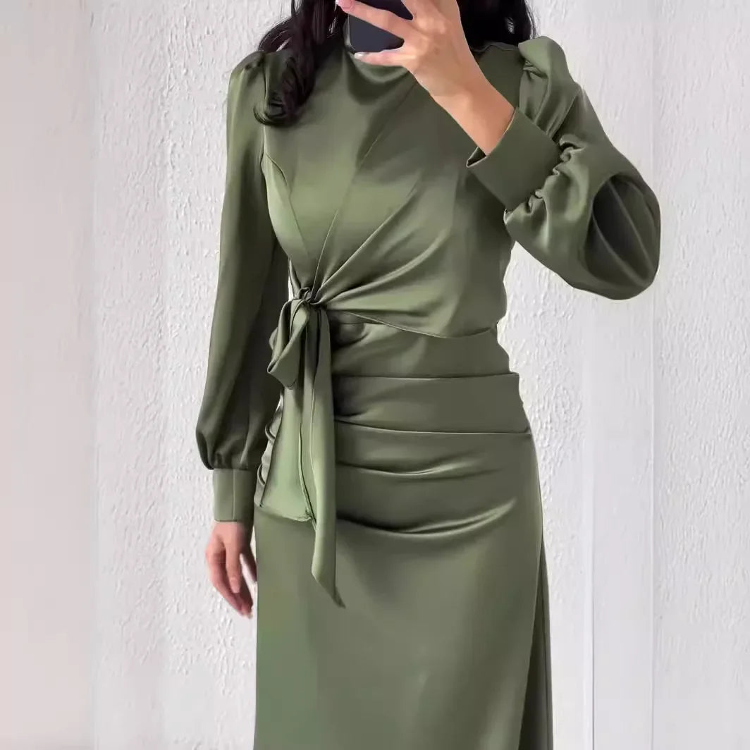 Elegant Satin Party Dress 2024 – Autumn Long Sleeve, Round Neck Skinny Evening Outfit